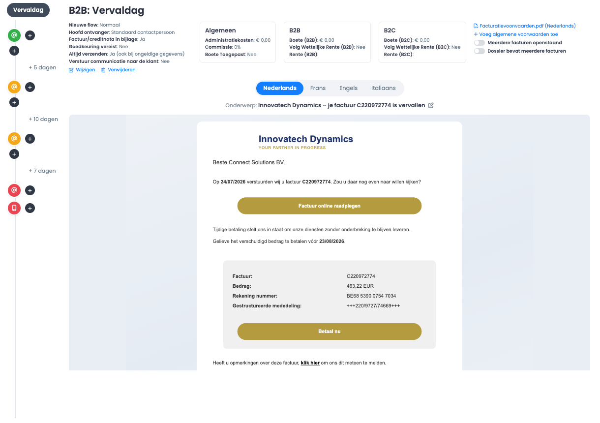De opvolgflow in Sales2Cash met automatische herinneringen rond de vervaldag, en het meertalige template-voorbeeld