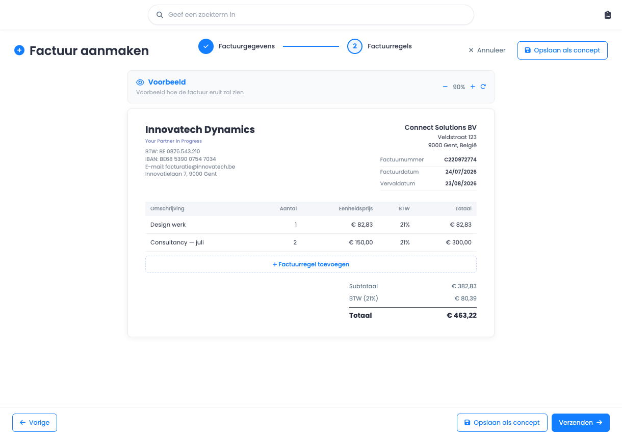 Een factuur aanmaken in Sales2Cash, met live voorbeeld van het einddocument